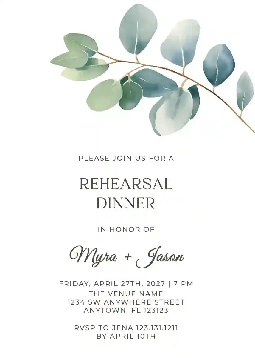 Invitations Pour Le Dîner De Répétition - Eucalyptus Minimaliste